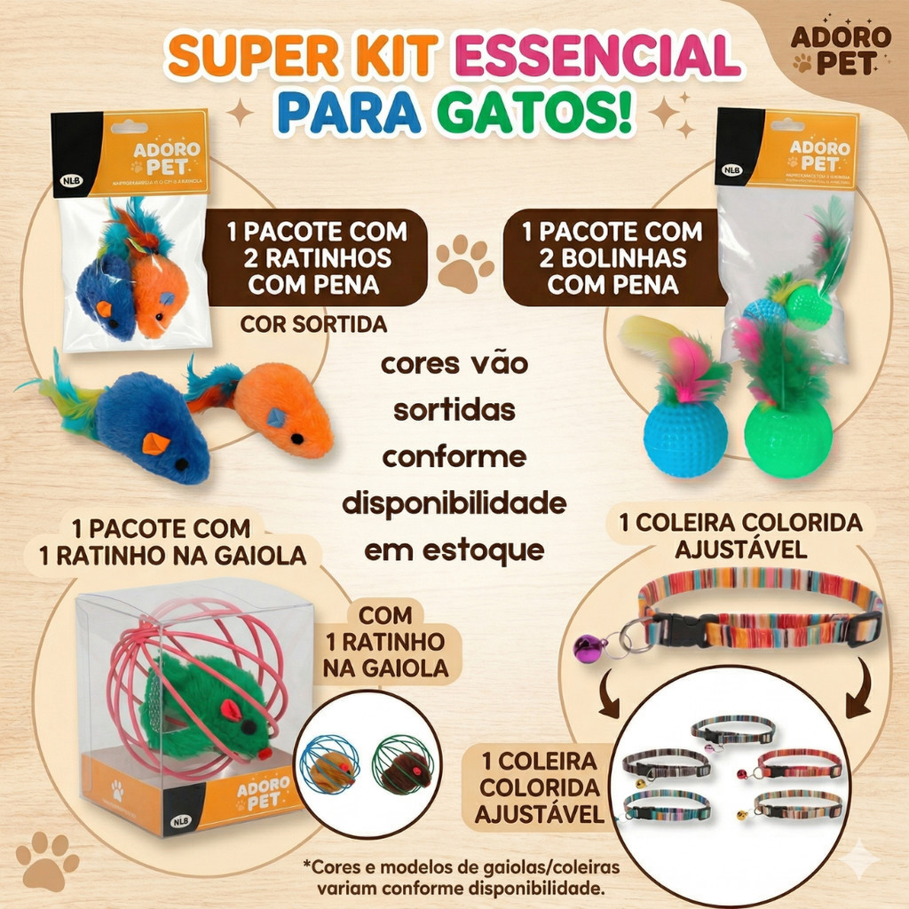 Super Kit Brinquedos Gato Filhote Adulto Ratinho Bolinha Com Pena Rato Gaiola Coleira Guizo