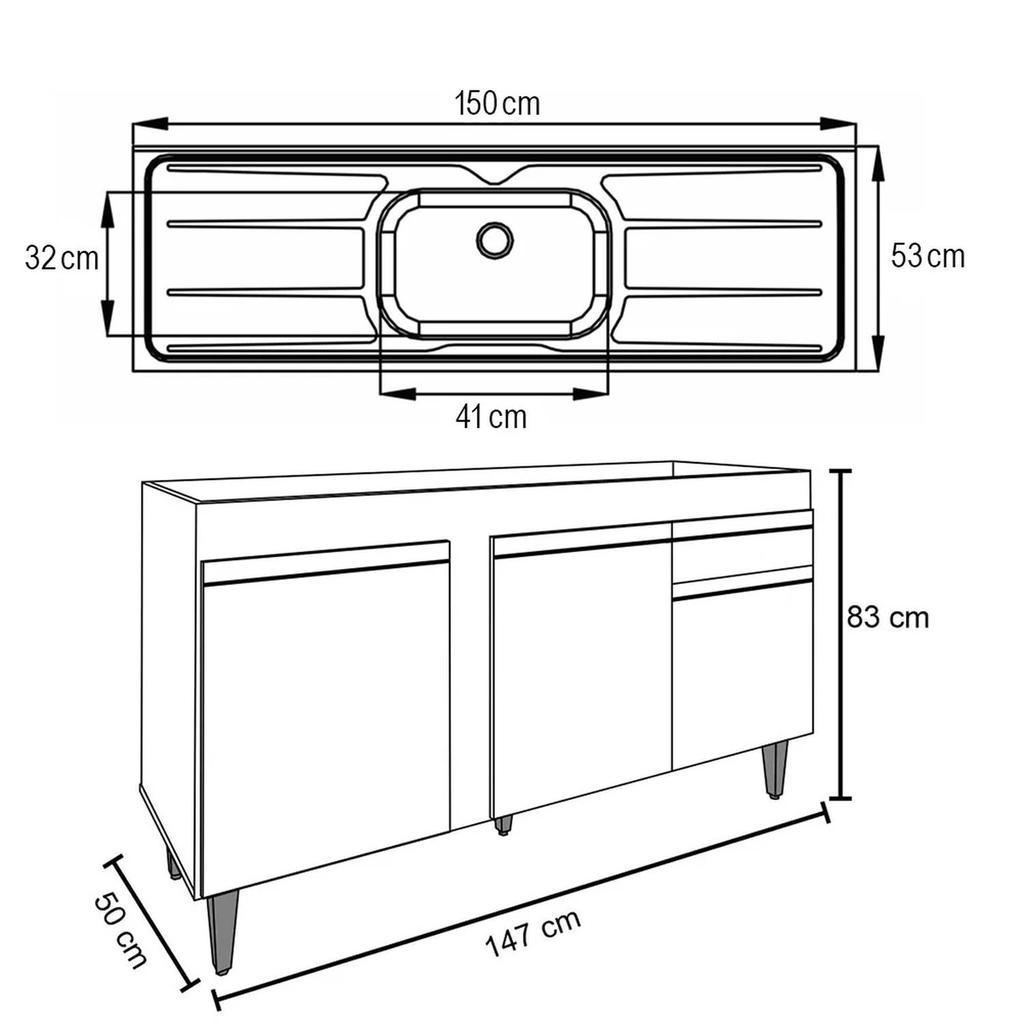 Balcão Gabinete com Pia Inox 150cm 3 Portas 1 Gaveta Dakota Branco/Preto - Lumil · foto 2