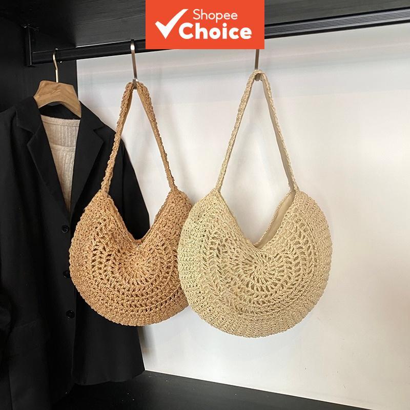 Bolsa de palha retrô estilo praia, saco de ombro oco para férias, bolsa de mão francesa de crochê, pequena e luxuosa,