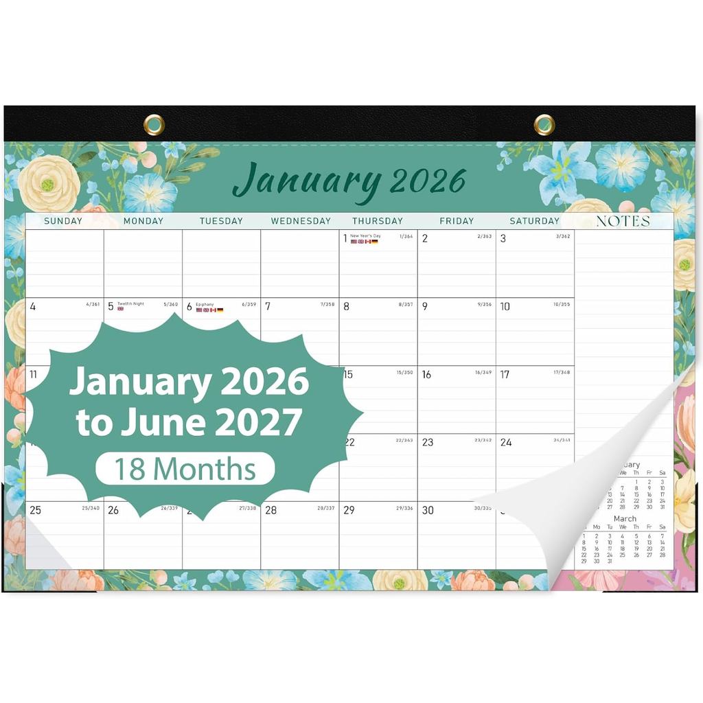 Calendário de Mesa 2026, Calendário Mensal, 18 Meses (Janeiro 2026 - Junho 2027), Calendário de Mesa Grande 17" x 12" pa