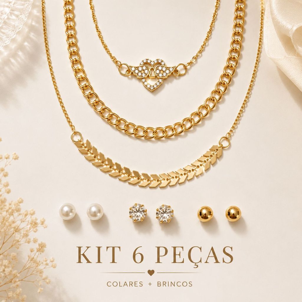Kit Feminino 6 Peças Luxo Colares e Brincos Dourados Elegante Premium