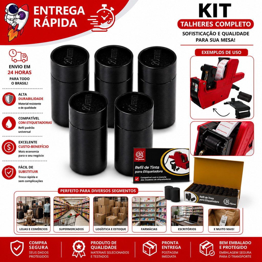 Kit 10 Refil de Tinta 20mm Para Precificadora Manual Universal Etiquetadora de Preço