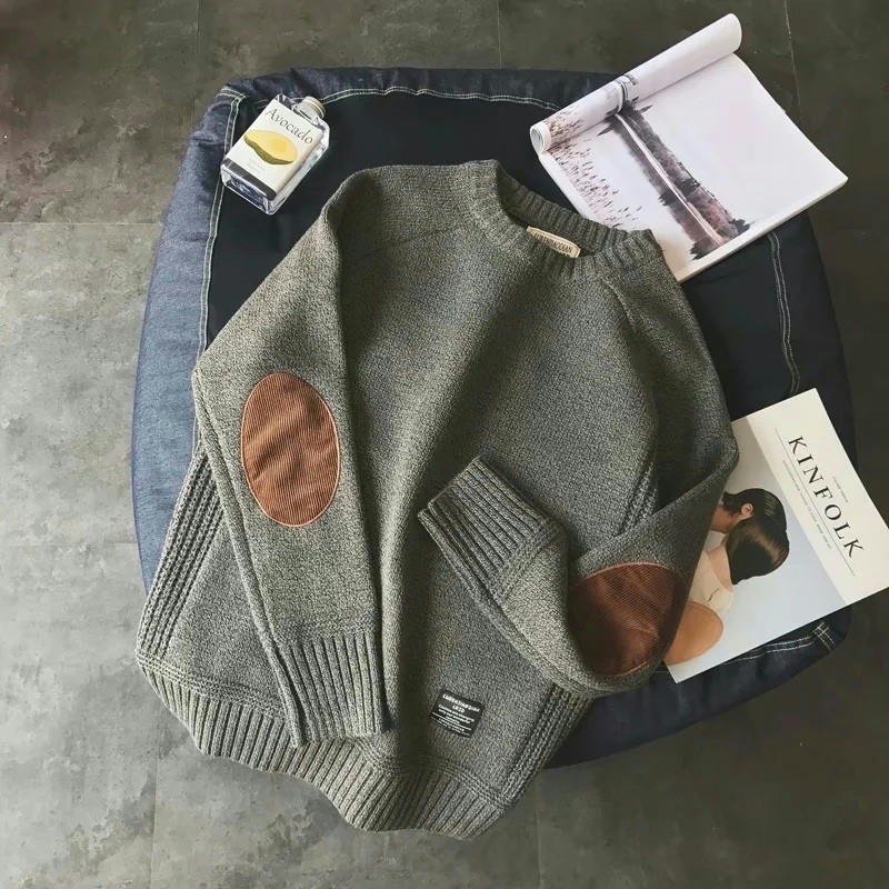 Japonês Retro em torno do pescoço pulôver camisola masculina estilo preppy remendo pulôver versão coreana na moda em tor