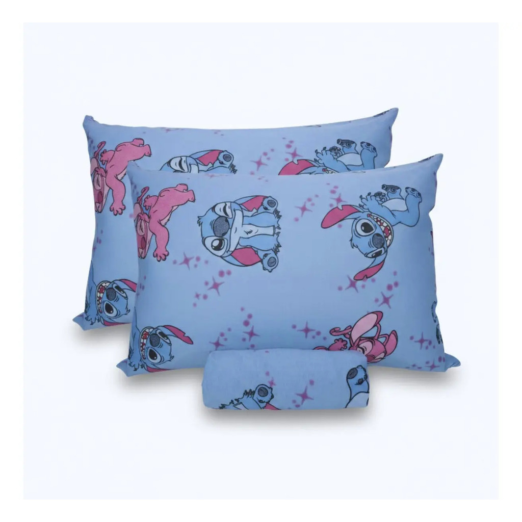 Jogo De Cama Casal Lilo Stitch E Angel C/ Elástico Malha 3pç