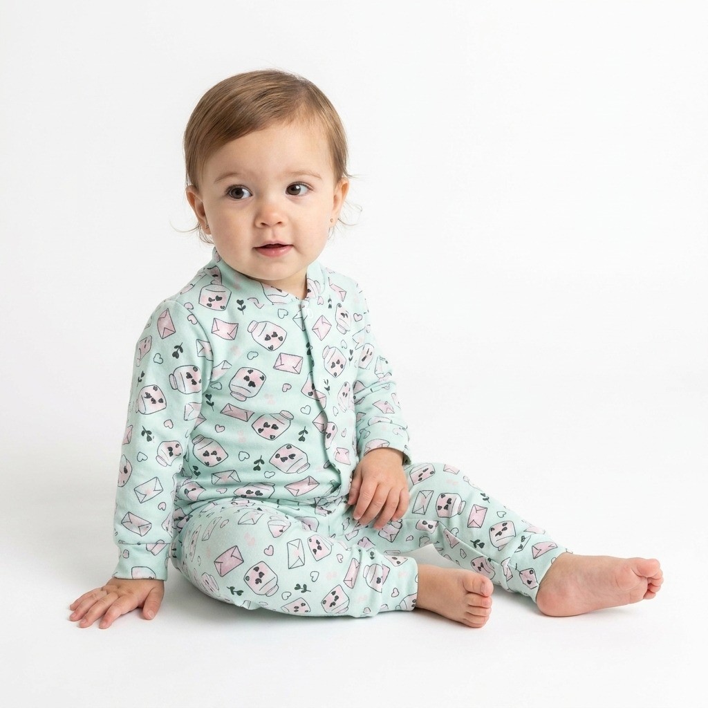 Conjunto Bebê Feminino Estampado Manga Longa Verde Água Confortável e Delicado