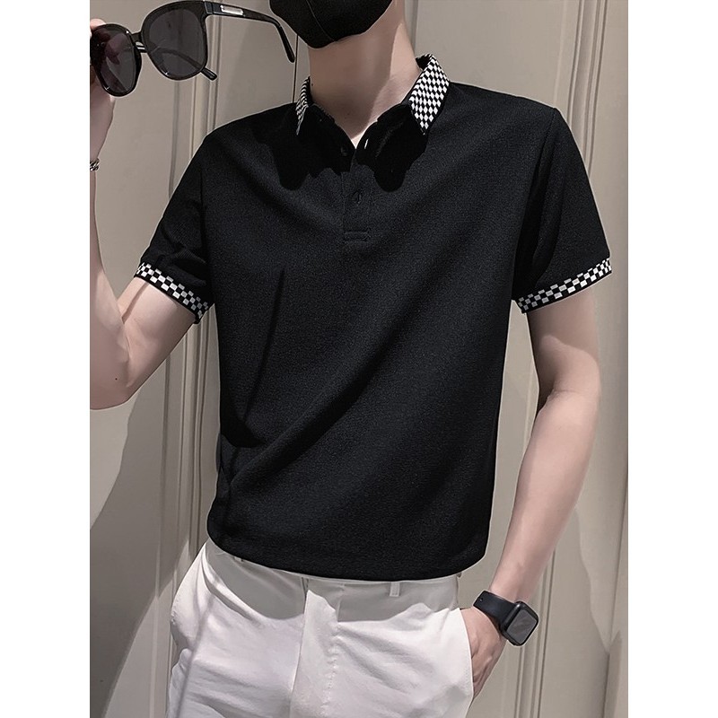 Camiseta Slim-fit verão masculina lapela manga curta camiseta 2026 novo estilo preto branco xadrez camisa polo masculina