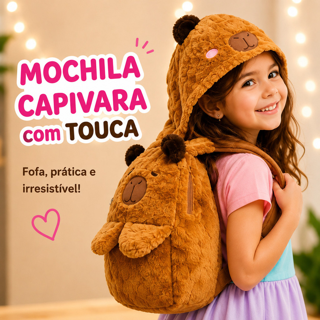 Mochila Infantil Capivara Com Touca Pelúcia Escolar Fofa Bolsa de Costas Capybara c/ Gorro