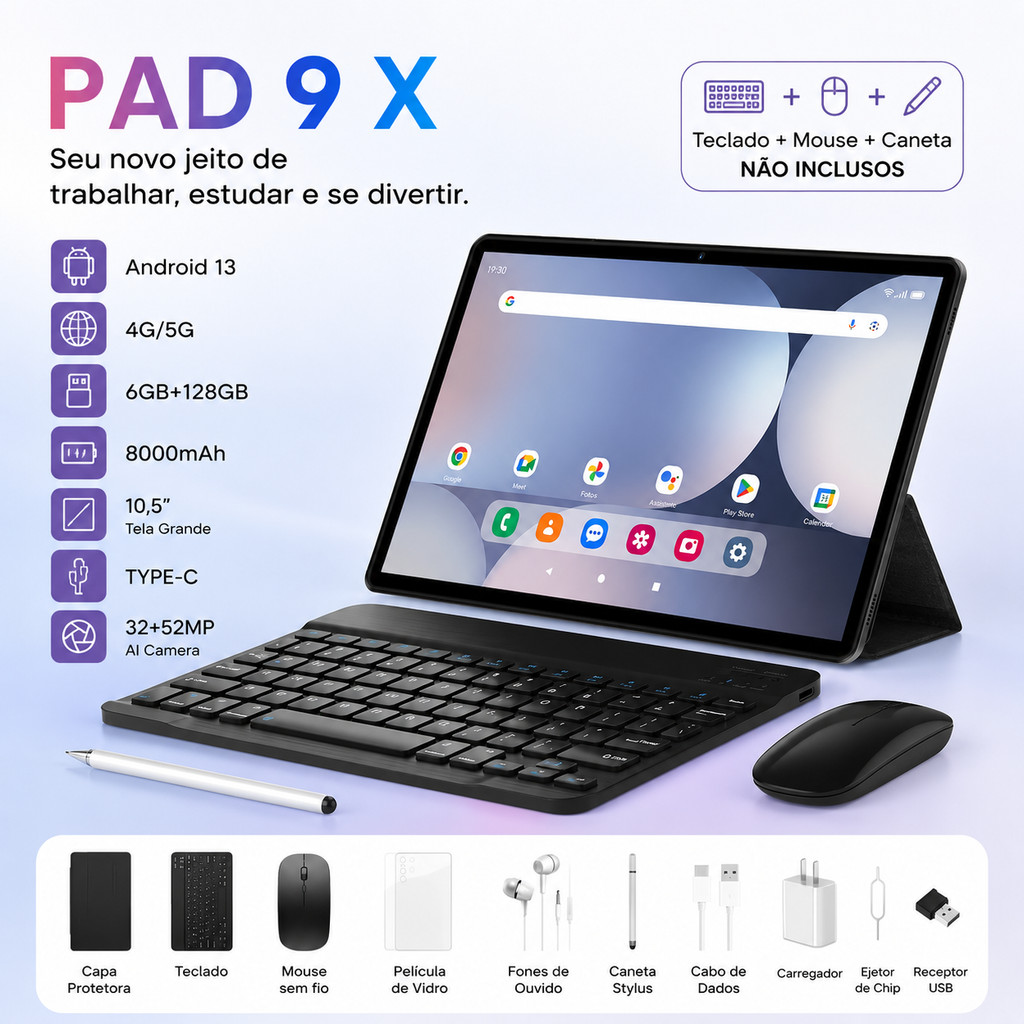 Tablet 10.5 Polegadas Android 13 4G 5G Chip 128GB Bateria 8000mAh Combo Teclado Mouse Caneta
