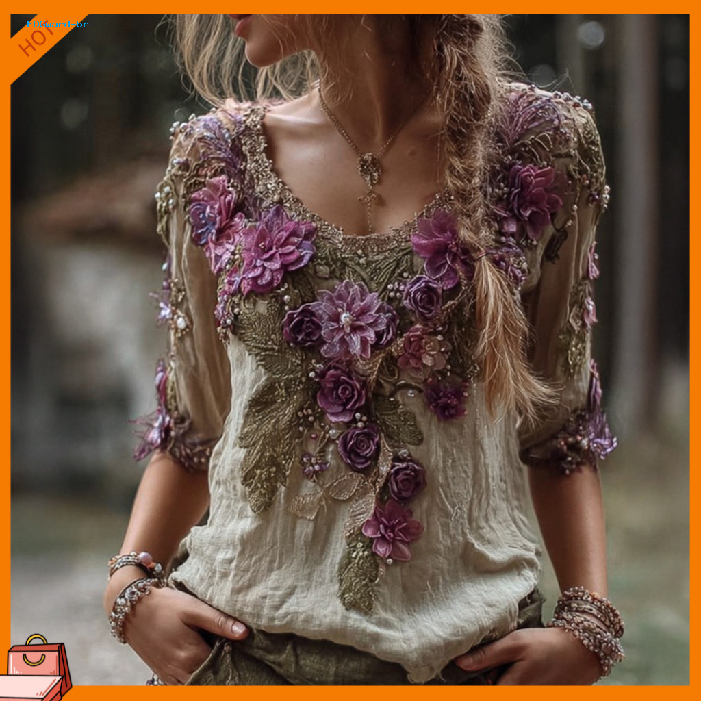 Women Linen Tops Versatile Blouse Women’s Summer Round Neck Short Sleeve Pullover Top Loose Fit Lightweight Sun Protec