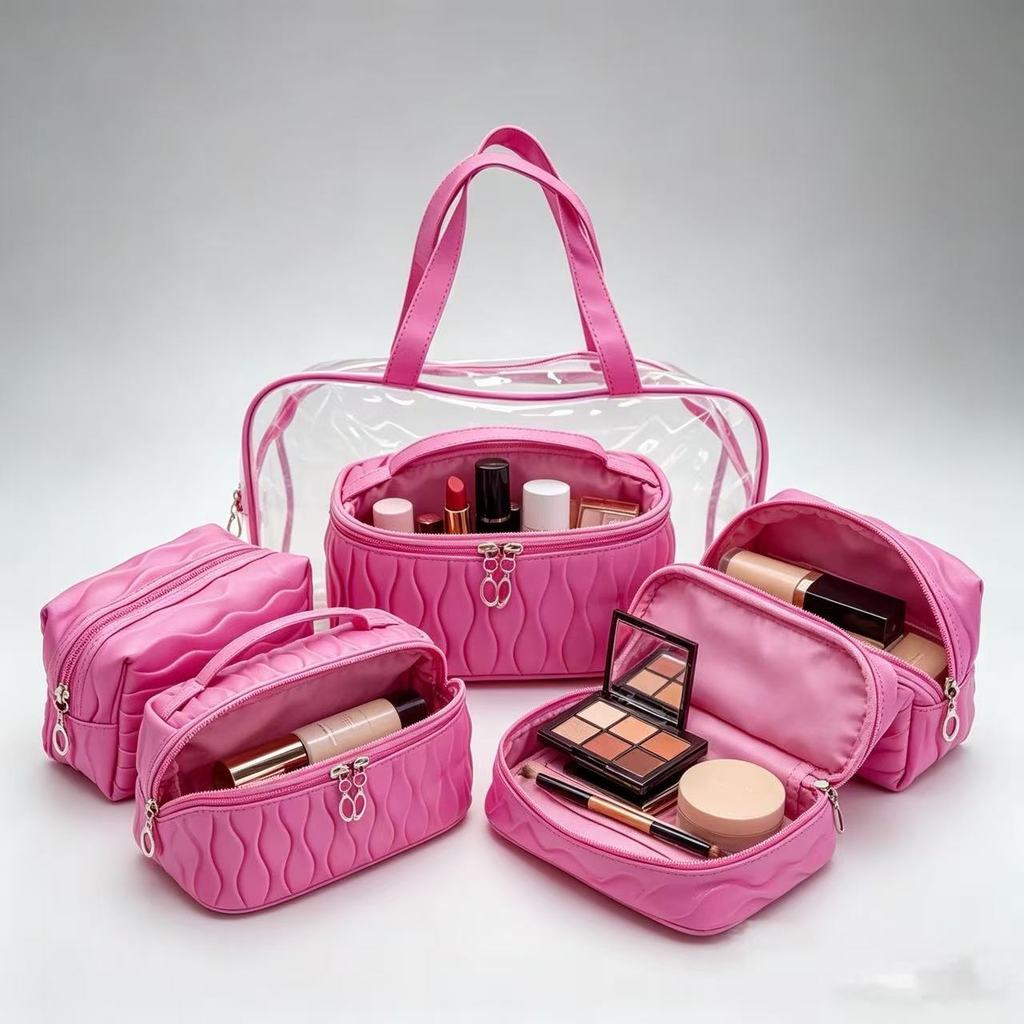 Kit Necessaire 4 Peças Transparente e Tecido, 7 Cores, Ideal para Maquiagem e Viagem