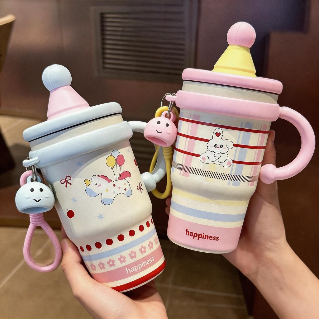 Copo Infantil Térmico 600ml em Aço Inox 316 com Alça, Tampa 2 em 1 e Pingente Fofo SUPER QUALIDADE