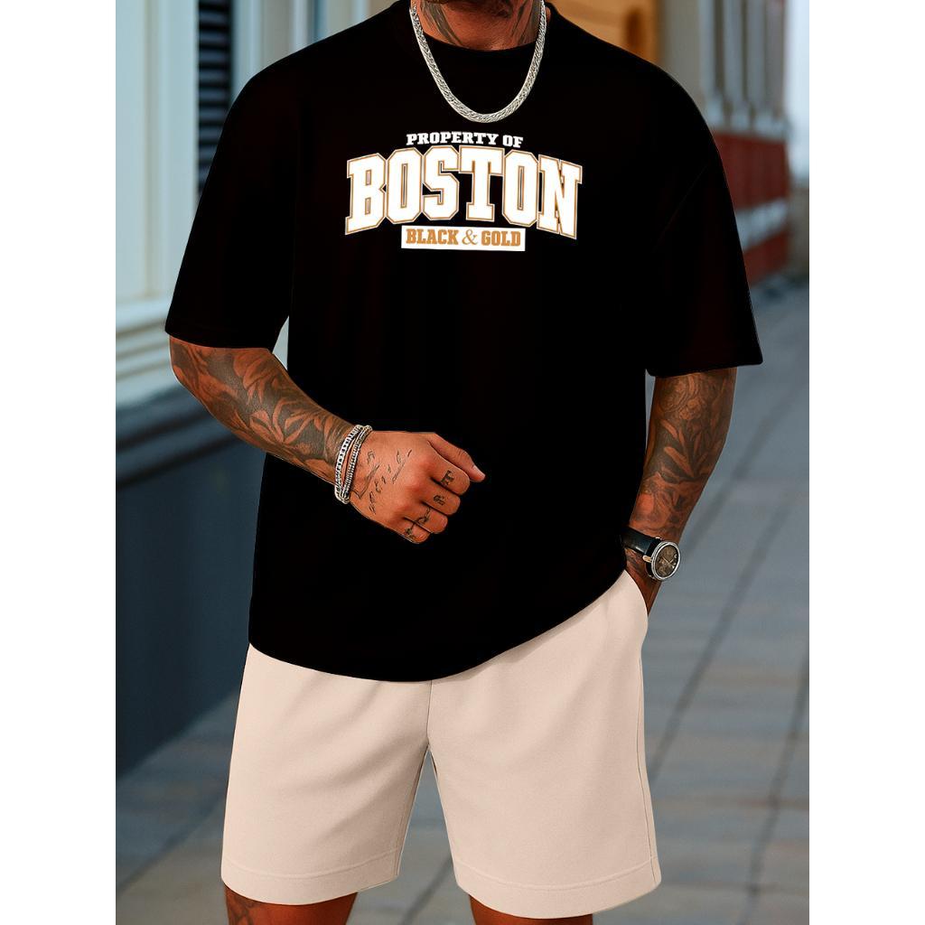 Conjunto Masculino Camiseta e Bermuda Boston 100% Algodão Estiloso USA Streetwear