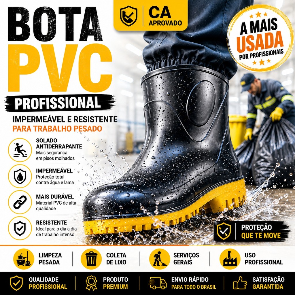 Bota Galocha PVC Impermeável Antiderrapante Cano Curto CA EPI Motoboy Chuva Limpeza Faxina Trabalho Preto Amarelo