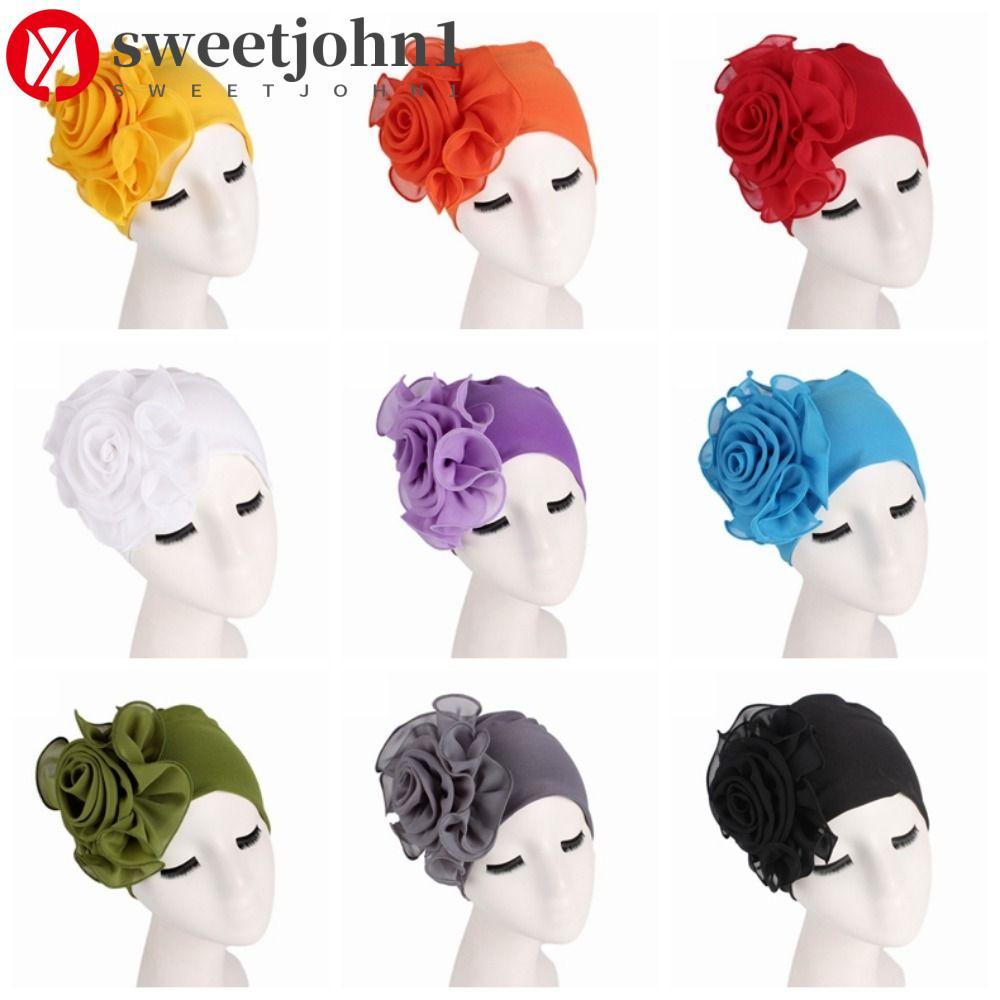SWEETJOHN1 Boné Turbante Feminino , Cor Sólida , Flor Lateral Grande , Hijab Do Ramadã , Lenço Islâmico Respirável