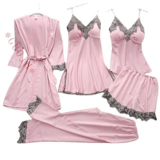 Conjunto de Pijama de Seda Feminino GUOJH de Cinco Peças, Pijamas de Cetim, Pijamas com Alças Finas de Renda QBCK