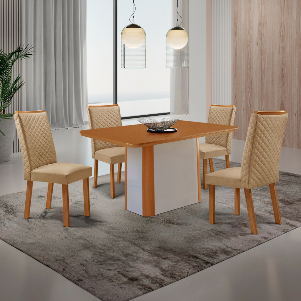 Mesa de Jantar Isadora 120 cm Tampo MDF Canto copo Laminado com 4 Cadeiras Lira