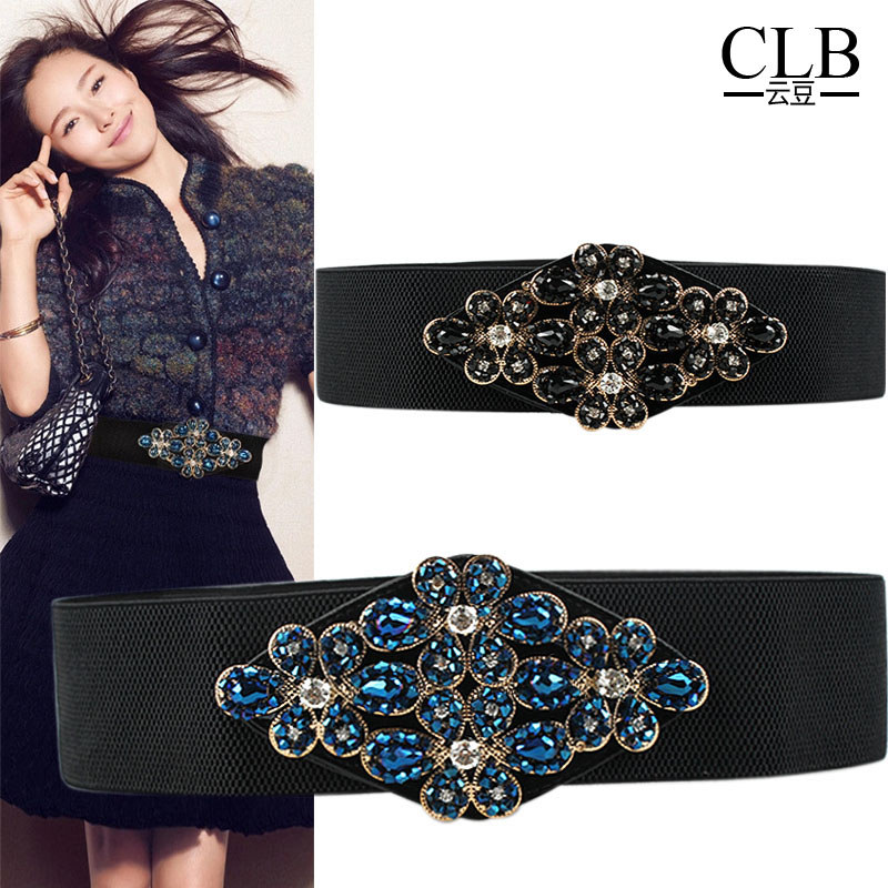 Cristal diamante-cravejado cinto elástico feminino preto strass Gem decoração cinto largo casaco saia cinto elástico ace