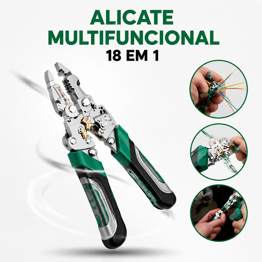 Alicate Multifuncional 18 em 1 Profissional Dobrável Decapador, Cortador, Crimpador e Chave Multiuso
