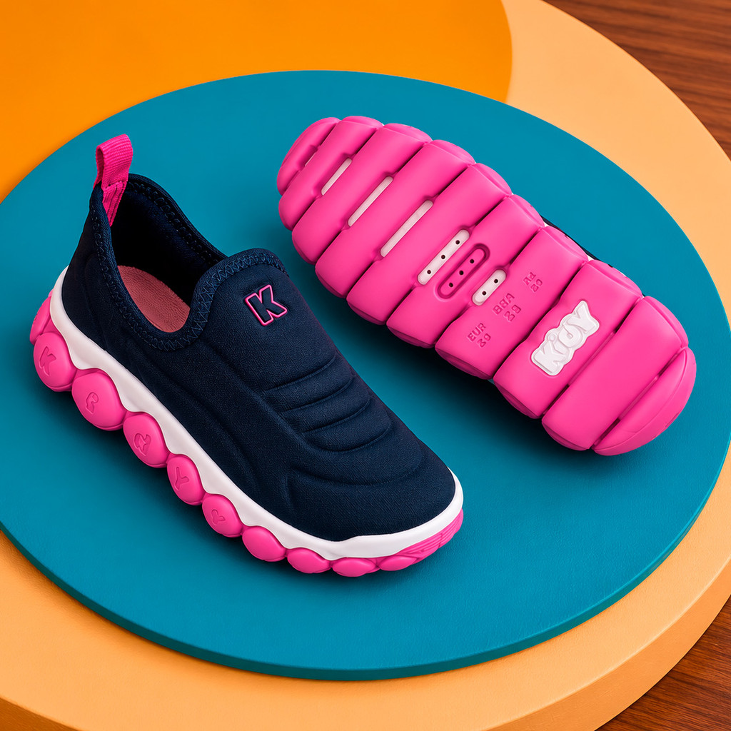 Tênis Infantil Menina Kidy Brinca Flex Marinho Pink Calce Fácil Confortável Anatômico