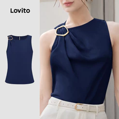 Lovito Blusa Elegante Assimétrica com Fivela de Metal para Mulheres - Primavera/verão Azul Marinho L155ED1910