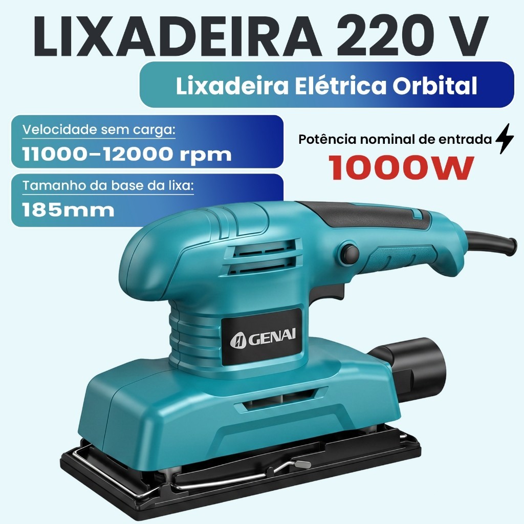 Lixadeira Orbital Elétrica 1000W 220V GENAI-Lixamento de Madeira, Metal, Parede e Remoção de Tinta e Ferrugem