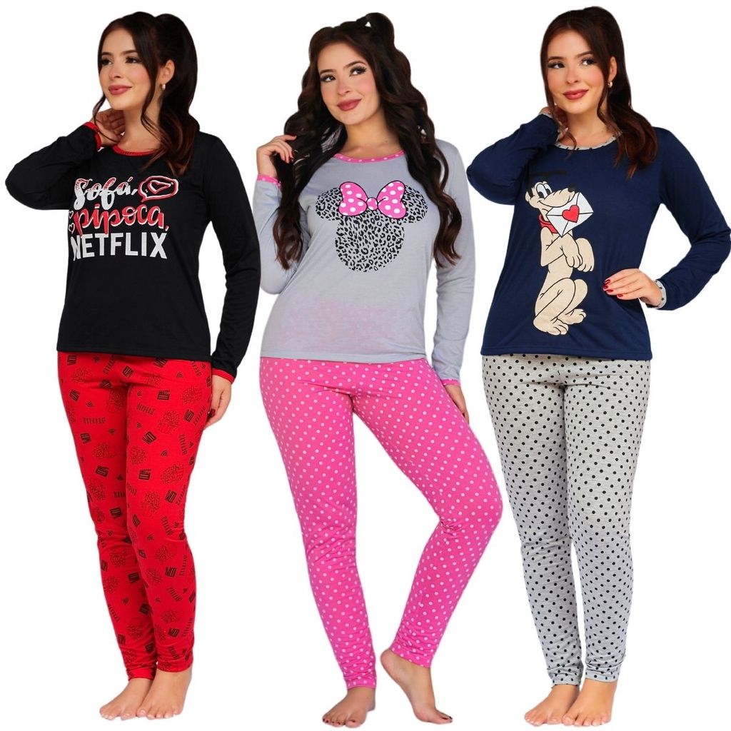 Pijama Feminino Manga Comprida Personagem / Pijama de Inverno / Pijama Longo
