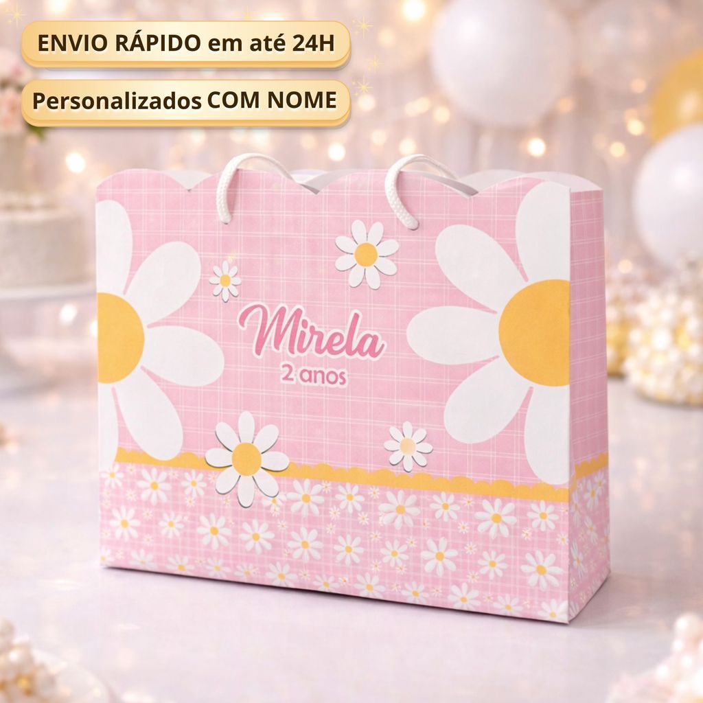 Sacolinha G Margarida Rosa Pegue Monte  Caixinha Lembrancinha Kit Festa Luxo Sacolinha Jardim das Margarida