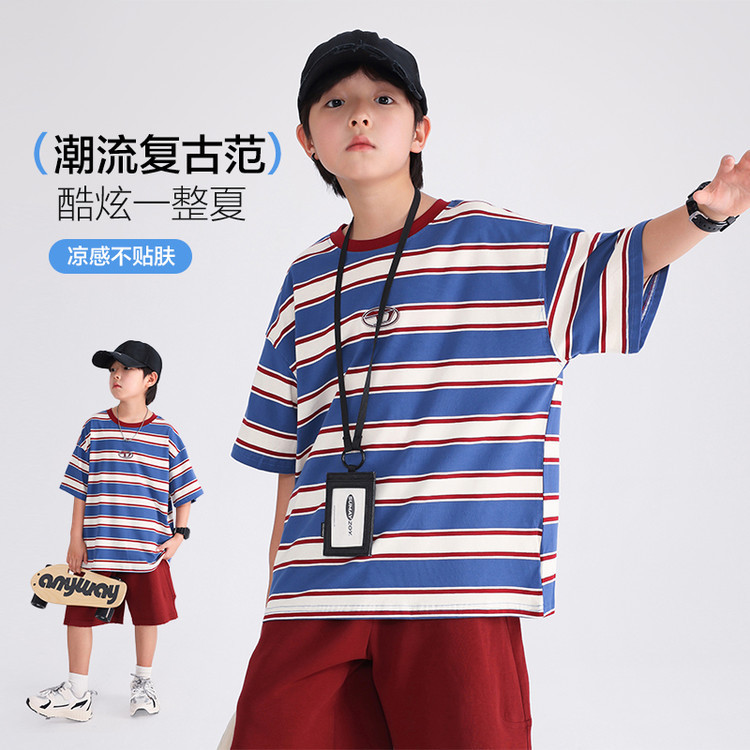 Meninos médio grande crianças puro algodão listrado em torno do pescoço solto verão camiseta roupas infantis meninos beb