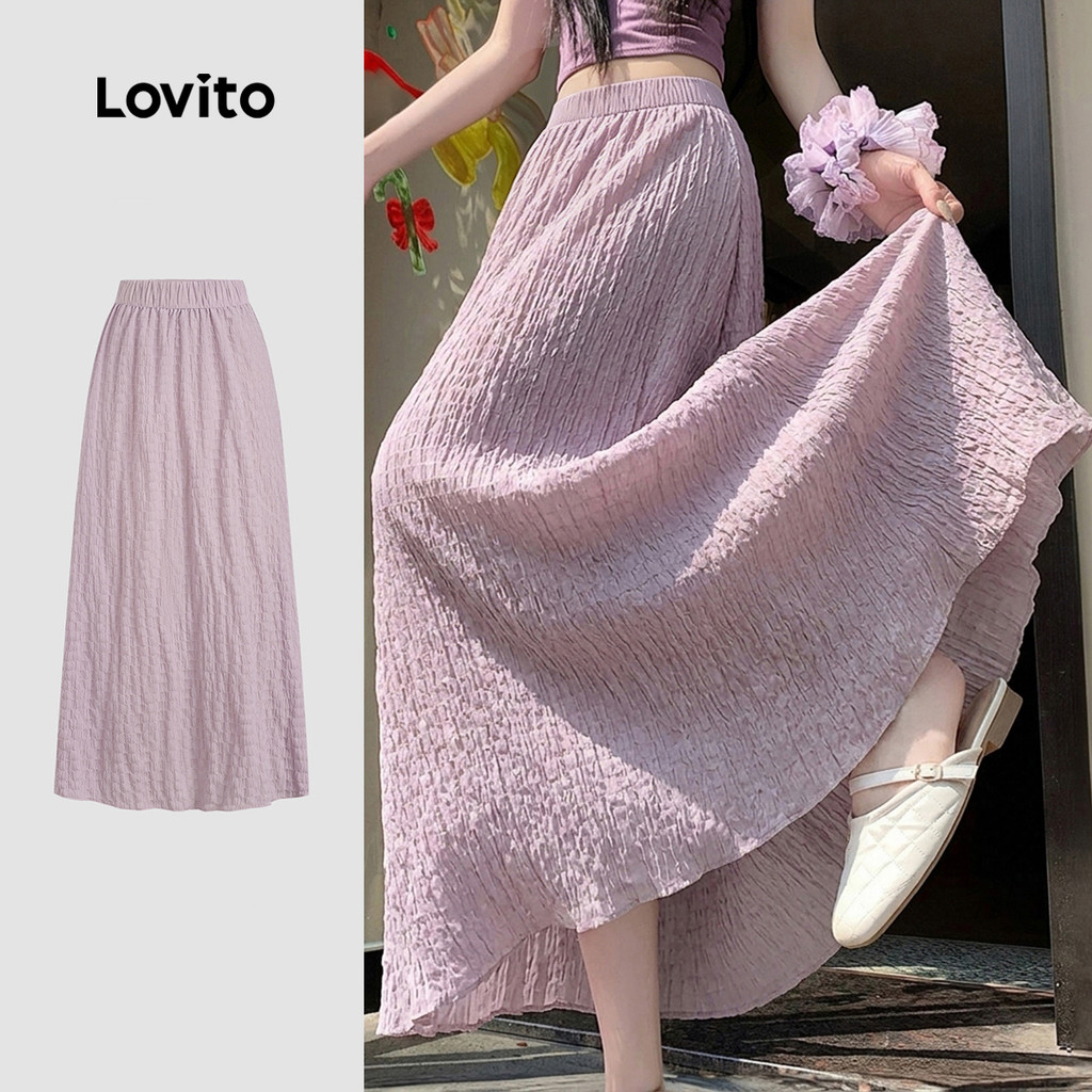 Lovito Saias Casuais Bainha com Babados Pregas Primavera/verão Roxo para Mulhere