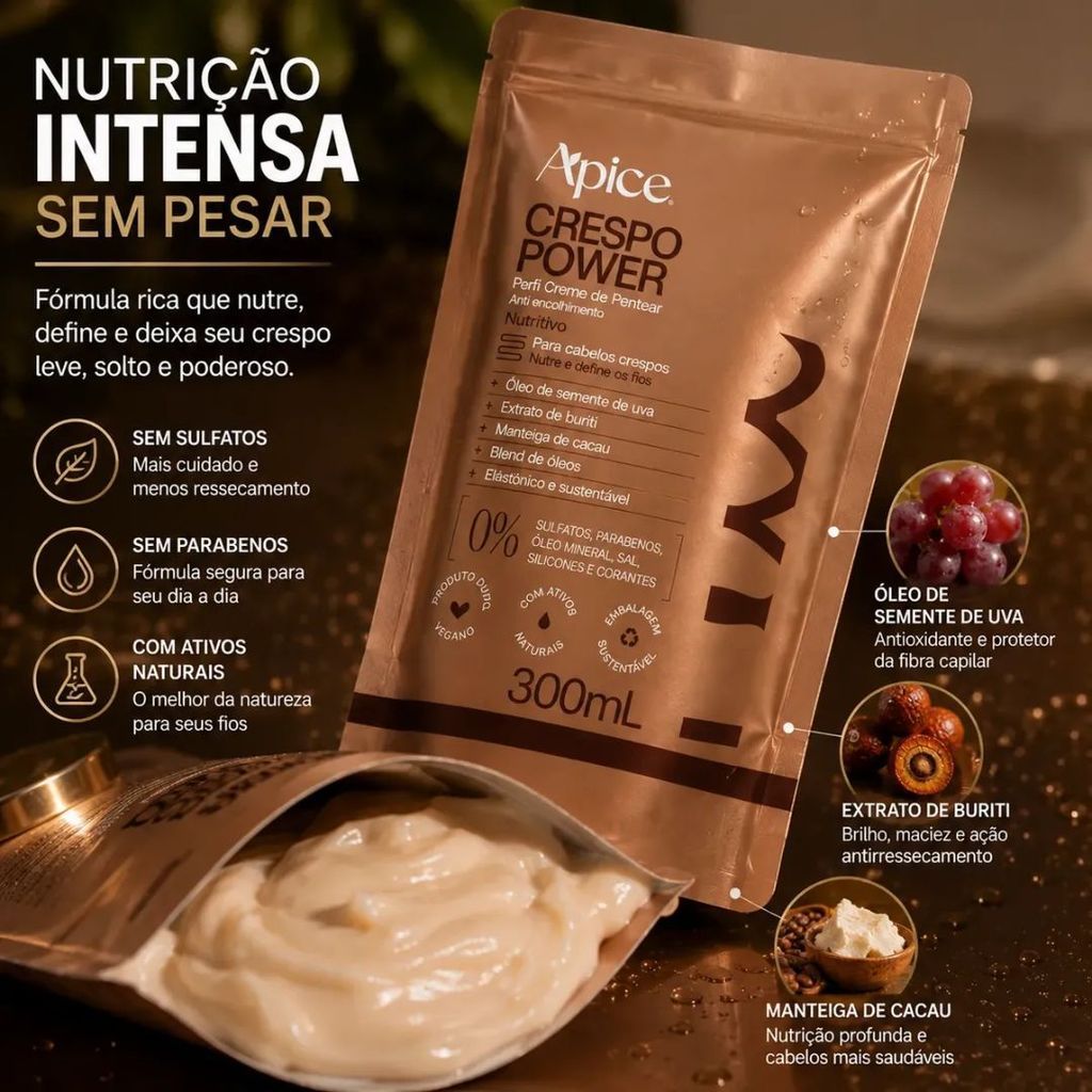 Detalhes do Ápice Crespo Power Creme de Pentear Nutritivo Refil 300ml | Anti-Frizz e Definição | Escolha 1, 2 ou 3 Unidades