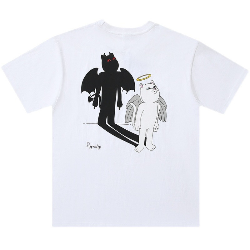Verão Street Wear barato gato dedo médio gato de manga curta camiseta anjo e diabo dos desenhos animados masculino femin