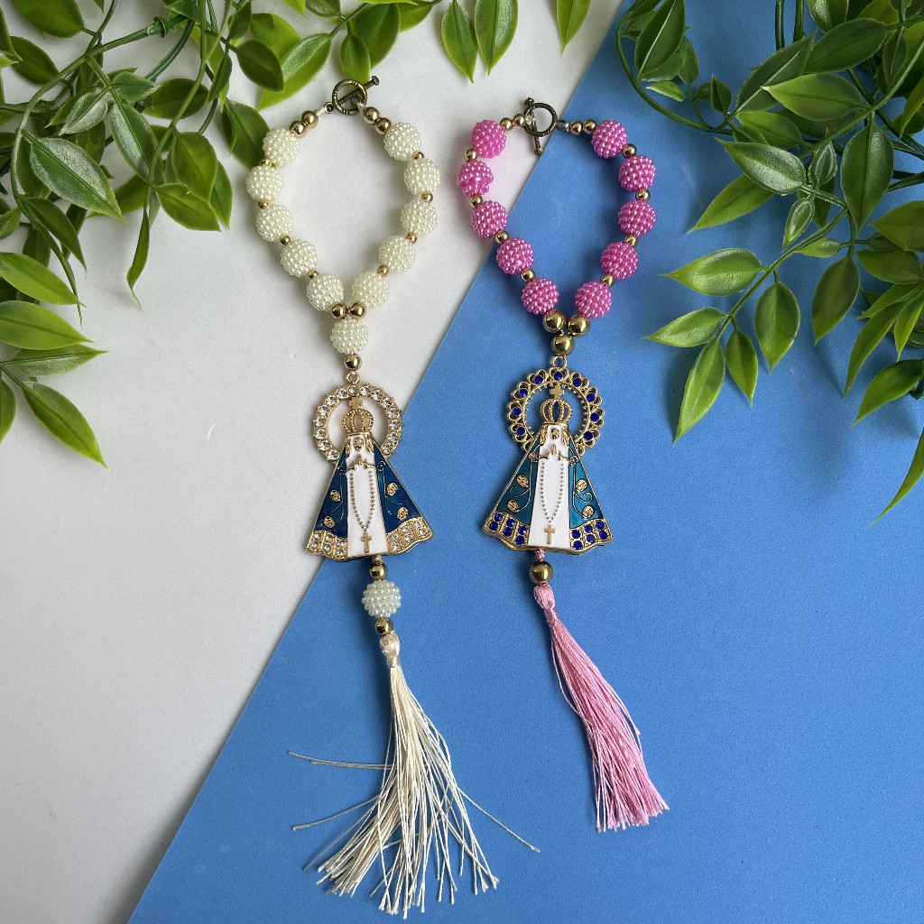 KIT Terços Dezena Carro Nossa Senhora Aparecida Branco e Rosa com strass Tassel 2 unidades
