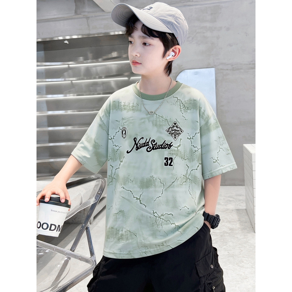 Meninos verão camiseta de manga curta 2026 novo estilo verão estilo fino médio grande crianças meninos estilo verão seca