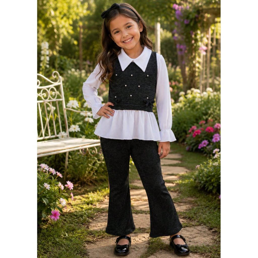 Conjunto Infantil Feminino Tricô Colete Pérola Calça Flare Blusa Gola Boneca