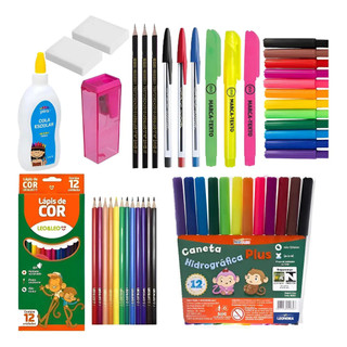 Kit Escolar Infantil Completo Lápis De Cor Canetinhas