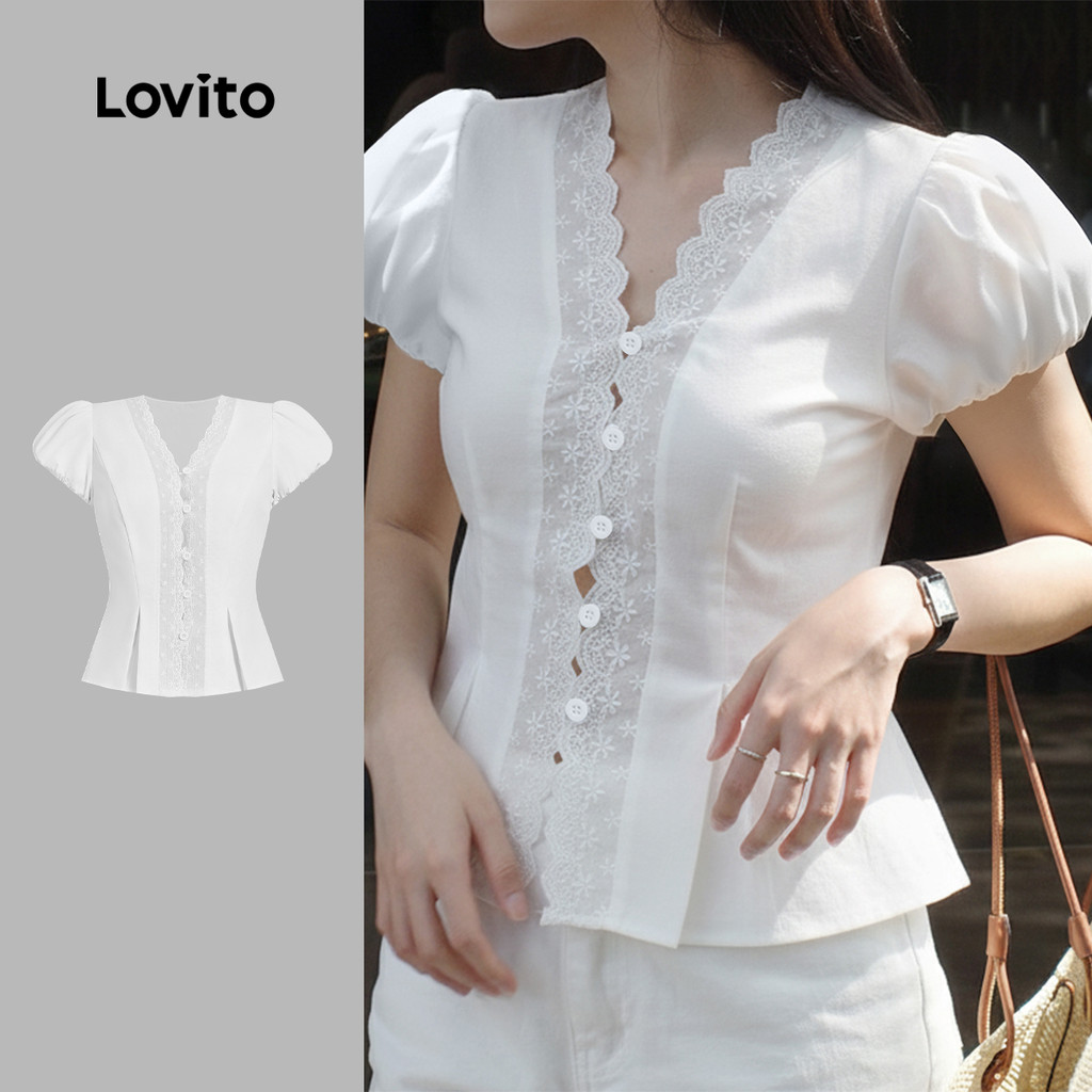 Lovito Elegante Blusas Femininas de Renda com Botão Plissada Diário Férias Viagens Primavera/verão Branca L179AD153
