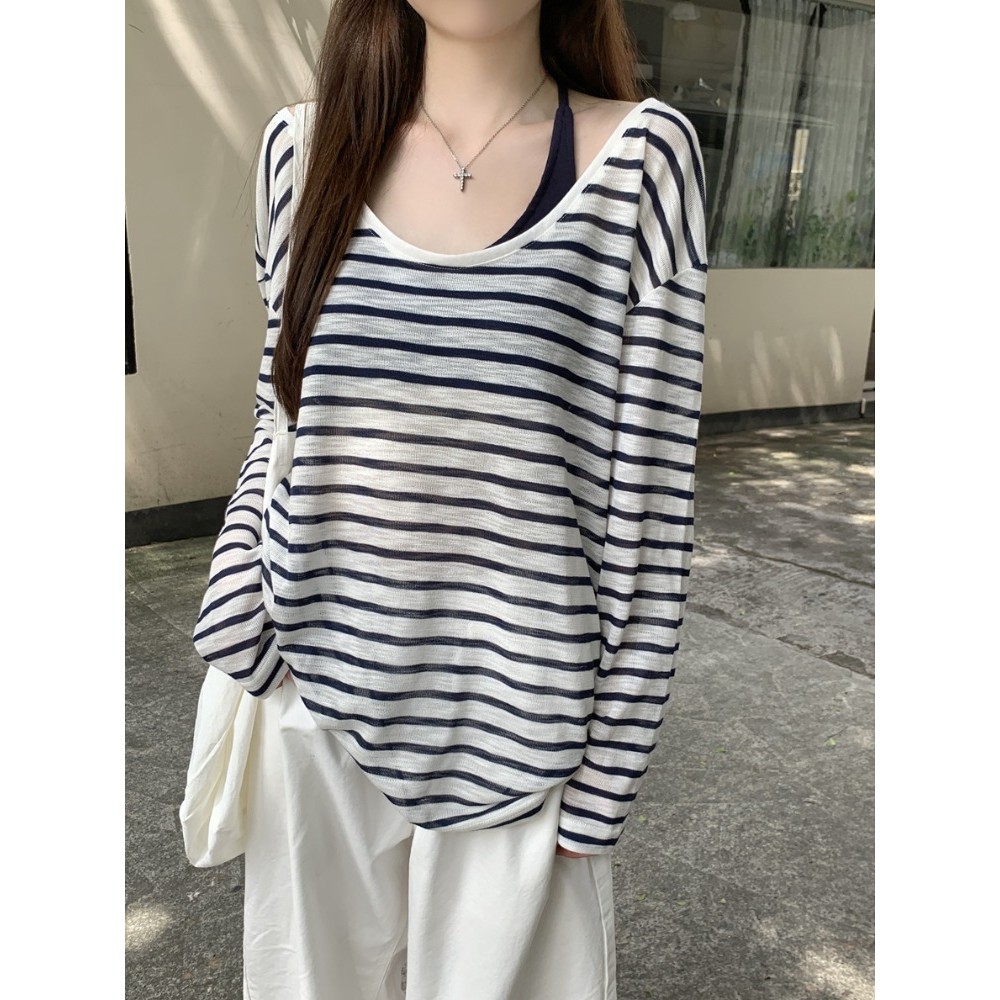 Versão coreana estilo preguiçoso contraste cor listrado grande decote camiseta feminina solta de manga comprida exterior