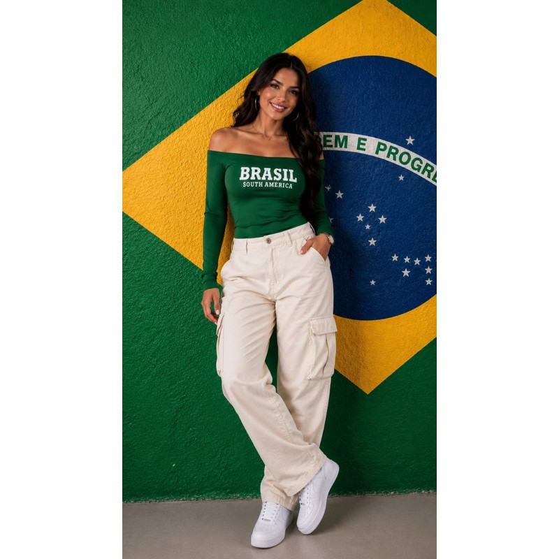 Body Ombro a Ombro Manga Comprida Longa Blusa Feminina Elegante Body Ciganinha Suplex Copa Brasil South America