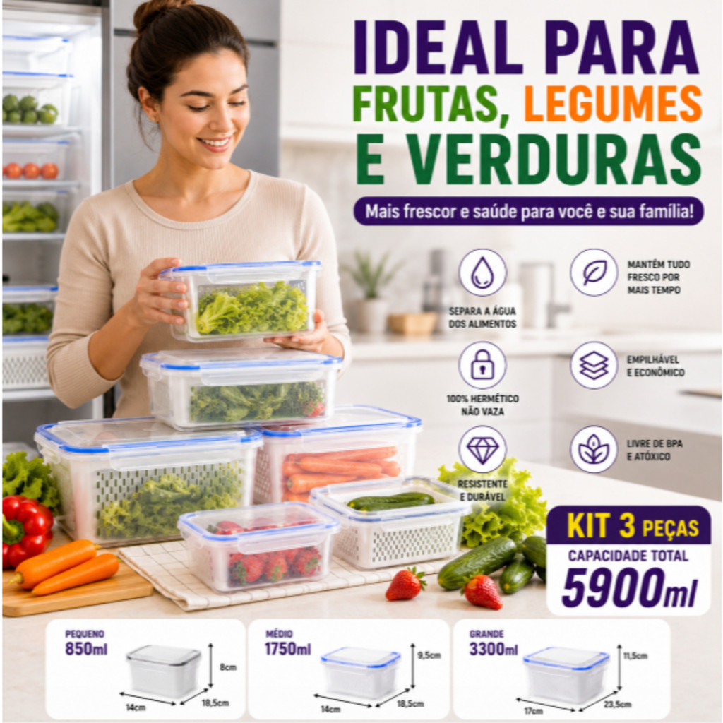 Kit 3 Organizadores de Geladeira com Escorredor Potes Herméticos para Frutas Verduras e Legumes
