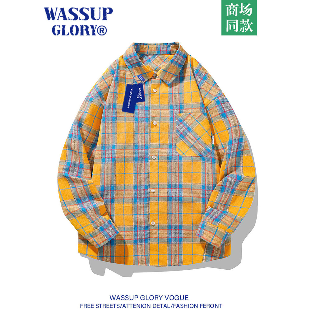 WASSUP GLORY Camisa xadrez masculina outono japonês retrô de manga comprida camisa amarela Design jaqueta Casual