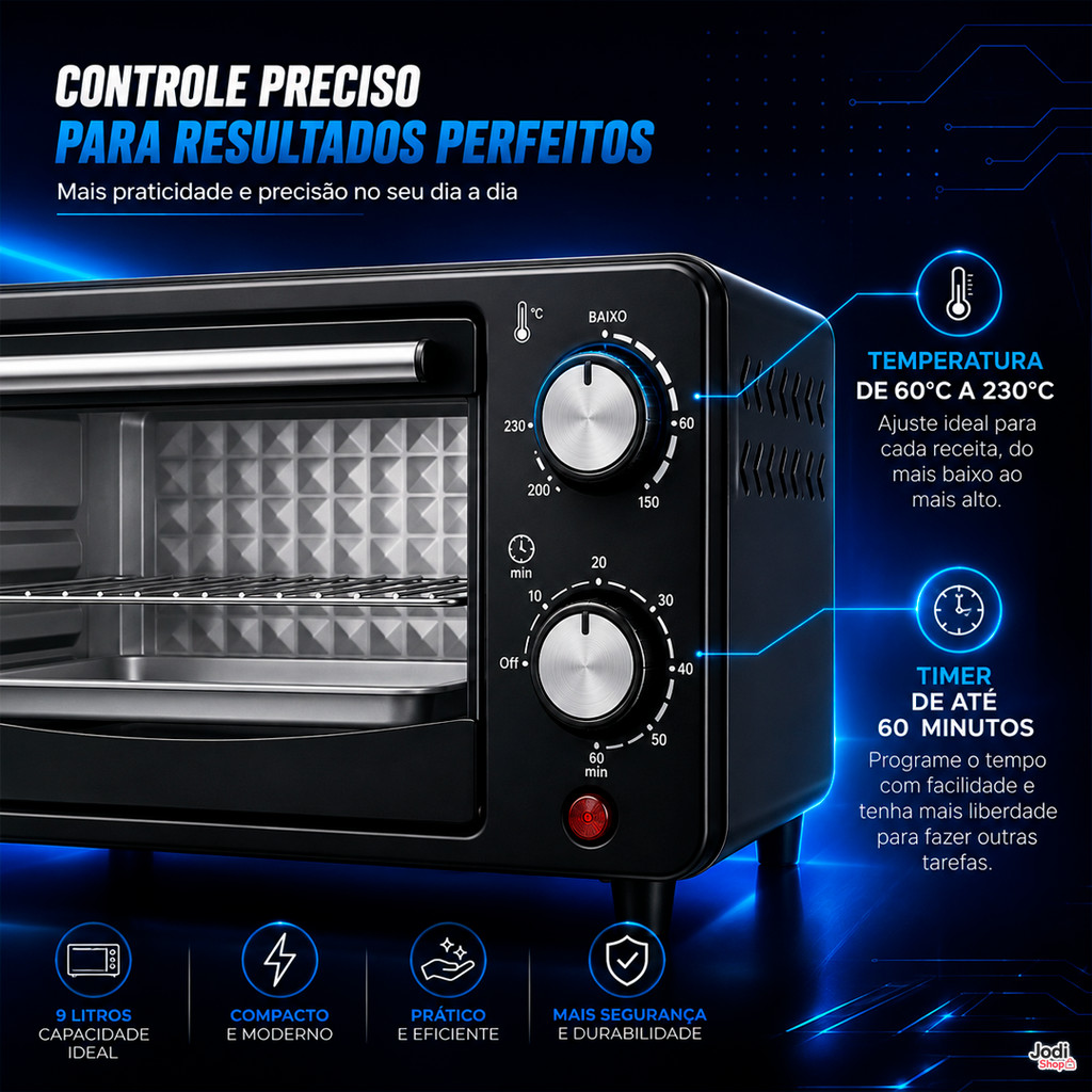 Forno Elétrico Compacto 9L com Controle de Temperatura e Timer 60 Minutos