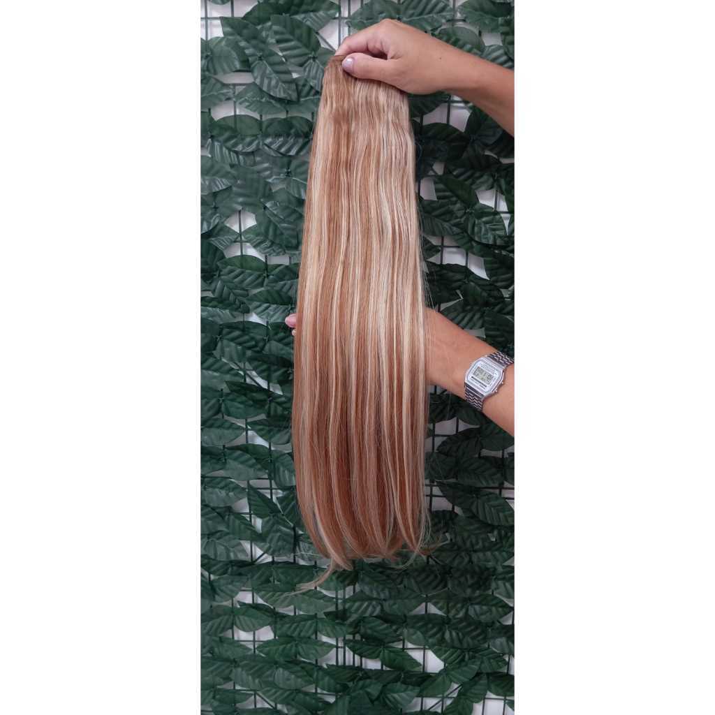 Aplique de Cabelo Fibra Russa Tela Semi Humano Natural 60cm Liso Loiro Mel Iluminado