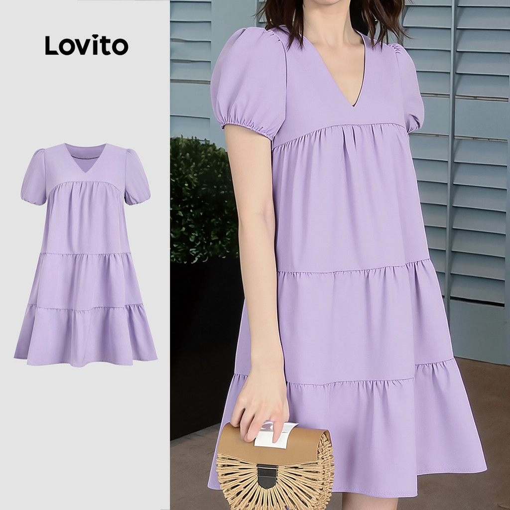 Lovito Vestido Casual Roxo Com Babados Na Barra Para Todas As Estações Feminina 