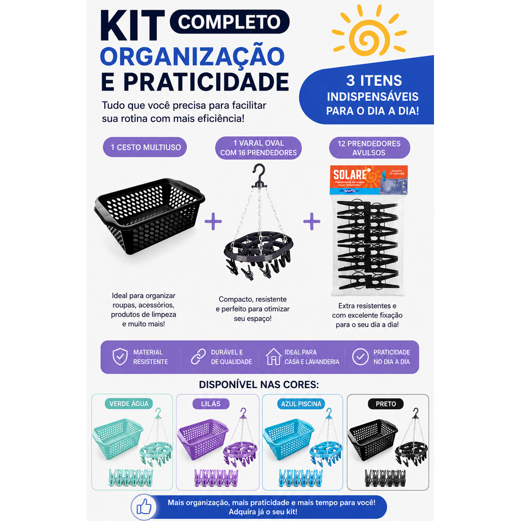 Kit Completo Lavanderia Cesto Organizador Varal Oval 16 Prendedores Pregadores Multiuso