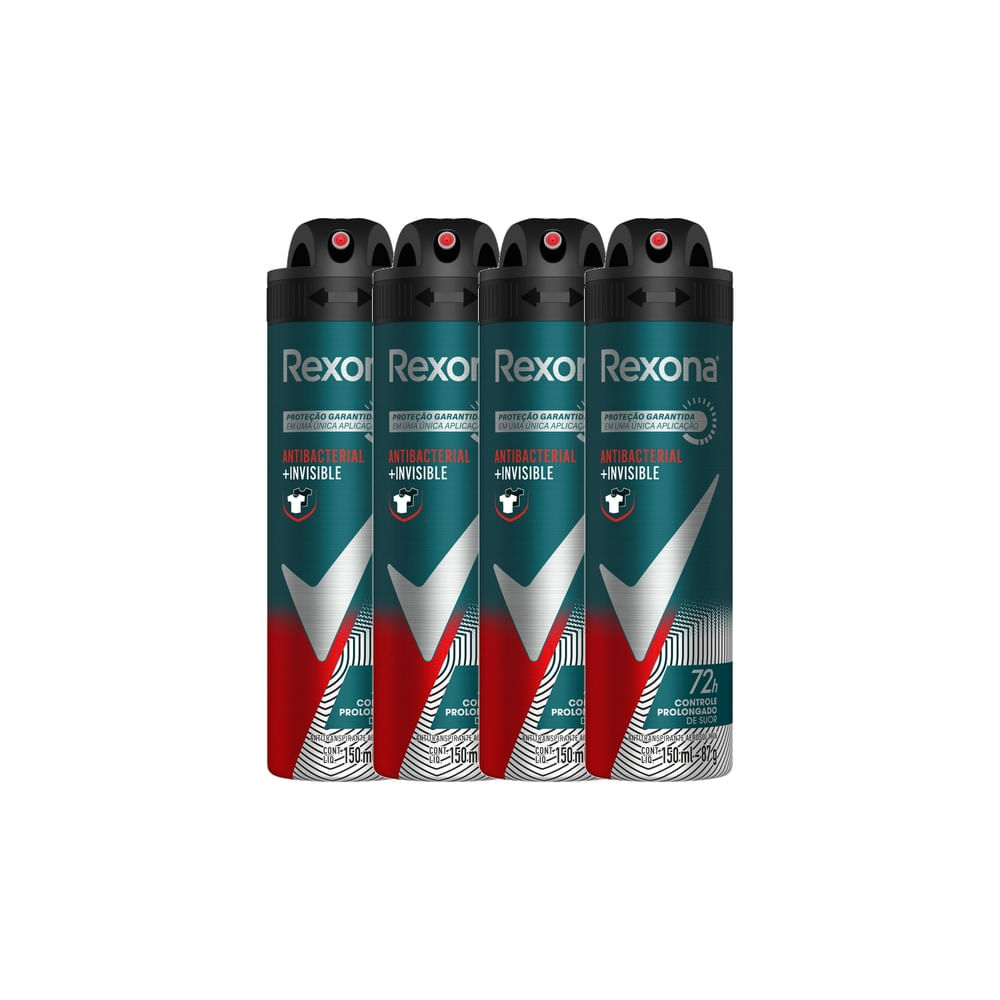 Kit 4 Desodorante Rexona Antibacterial e Invisible Masculino Aerosol Antitranspirante 72 horas 150ml