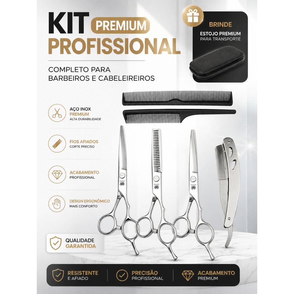 Kit Tesouras Profissional Aço Japonês 410c Barbeiro Cabeleireiro