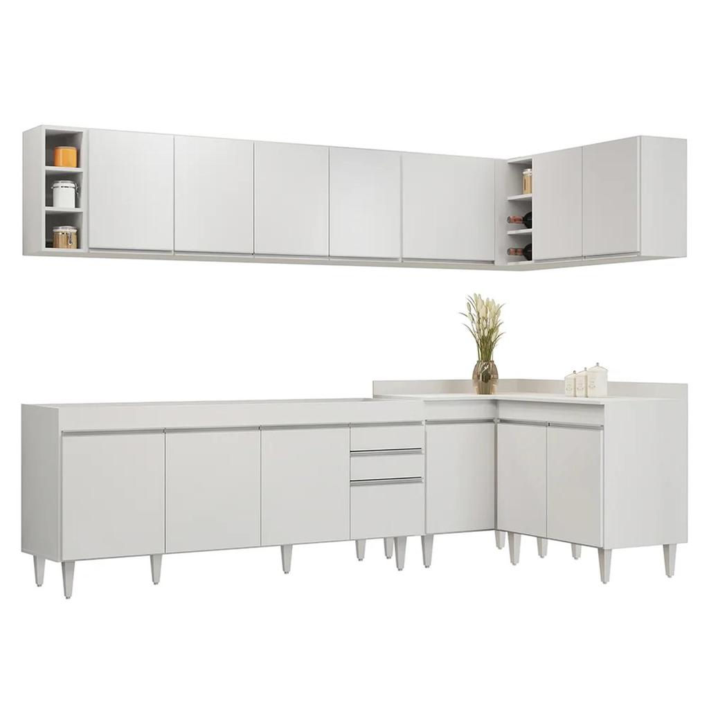 Armário de Cozinha Modulado de Canto 7 Peças CP36 com Pia Inox Branco - Lumil