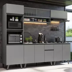 Armário de Cozinha Completa 260cm Cinza Nice Madesa 01