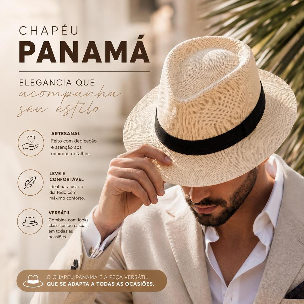 Chapéu Masculino Panamá Malandrinho Palha Shantung Verão Casual Praia Tropical Unissex — imagem 2 de 2