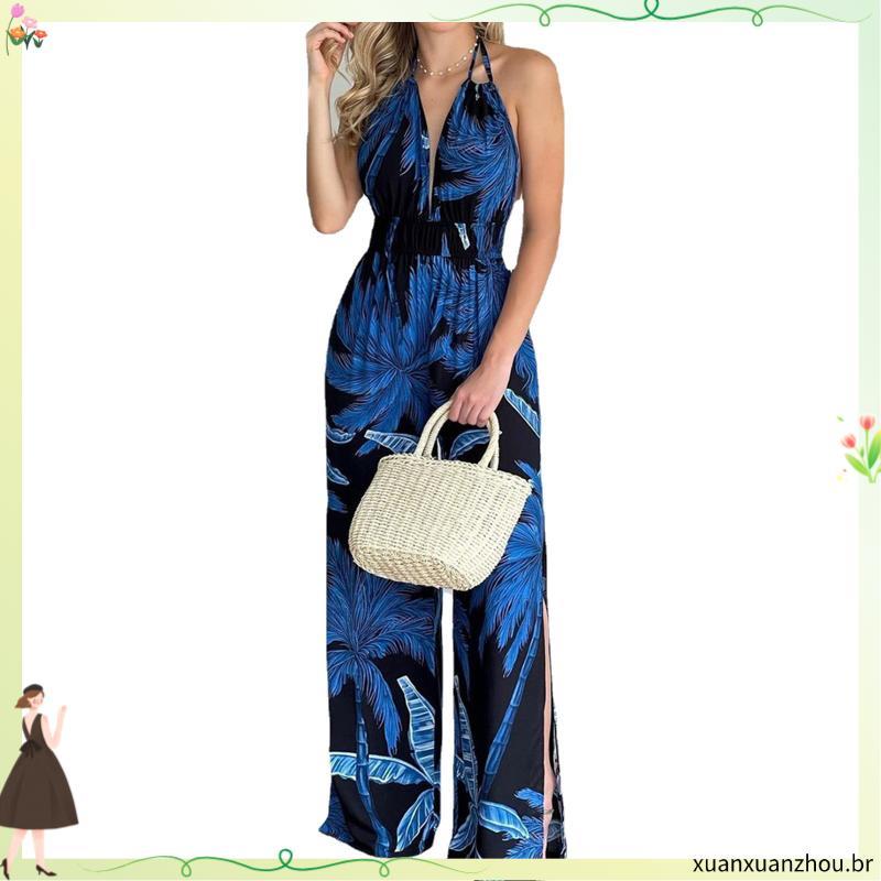Faicai_Vestido Feminina Plus Size Longo Frente Única Floral Com Sem Encosto Gravata Decote Em V Cintura Alta Vestido De